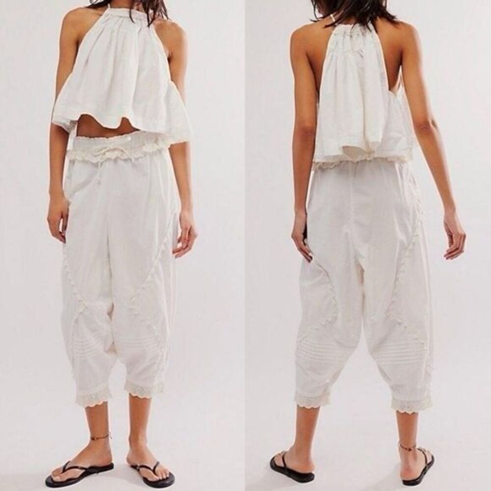 Free People Beach Life Pants Cotton Mid-Rise Cropped Lace Eyelet Ivory S 285767
